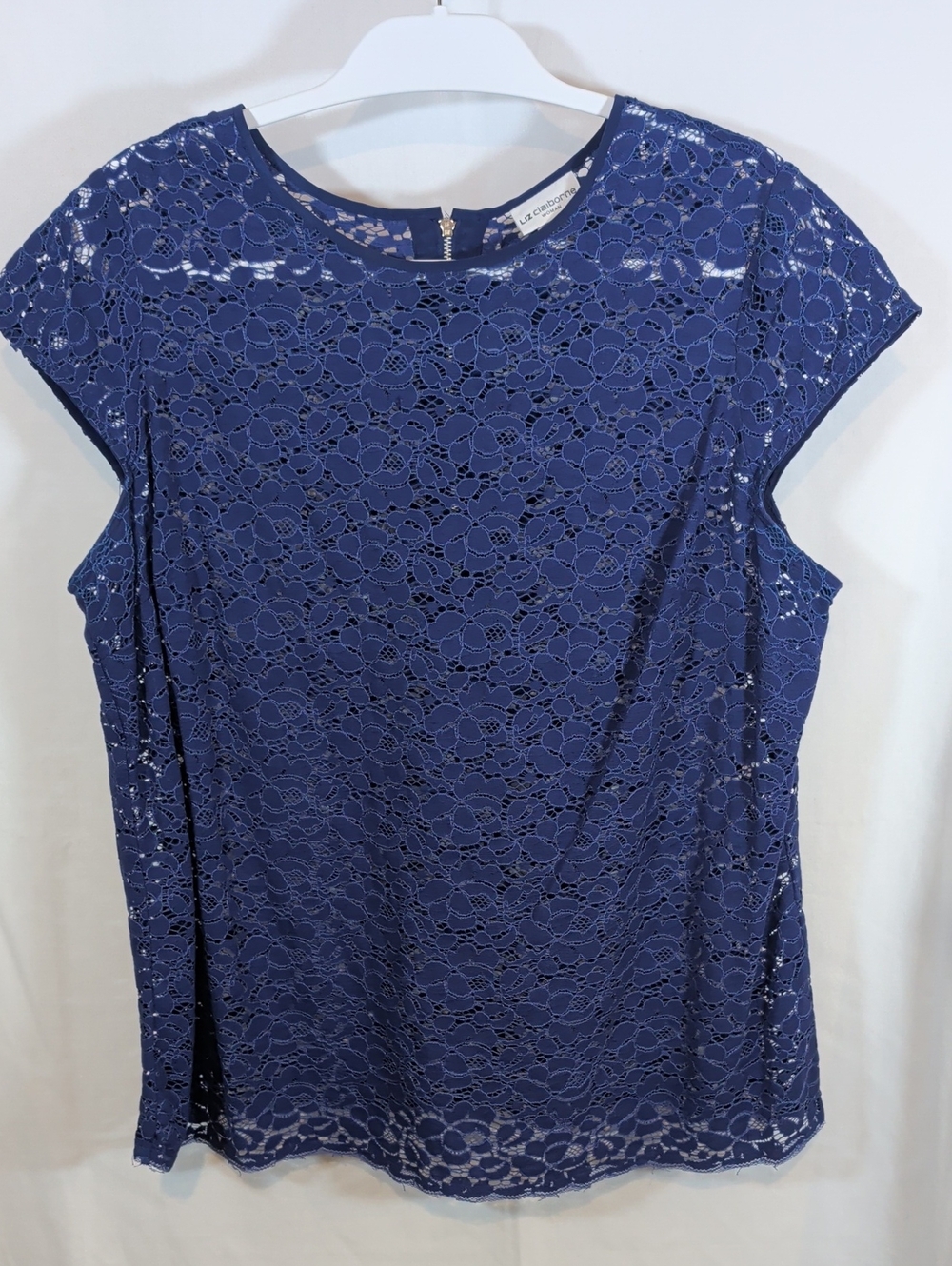 Liz Claiborne Blue Floral Lace Cap Sleeve Blouse